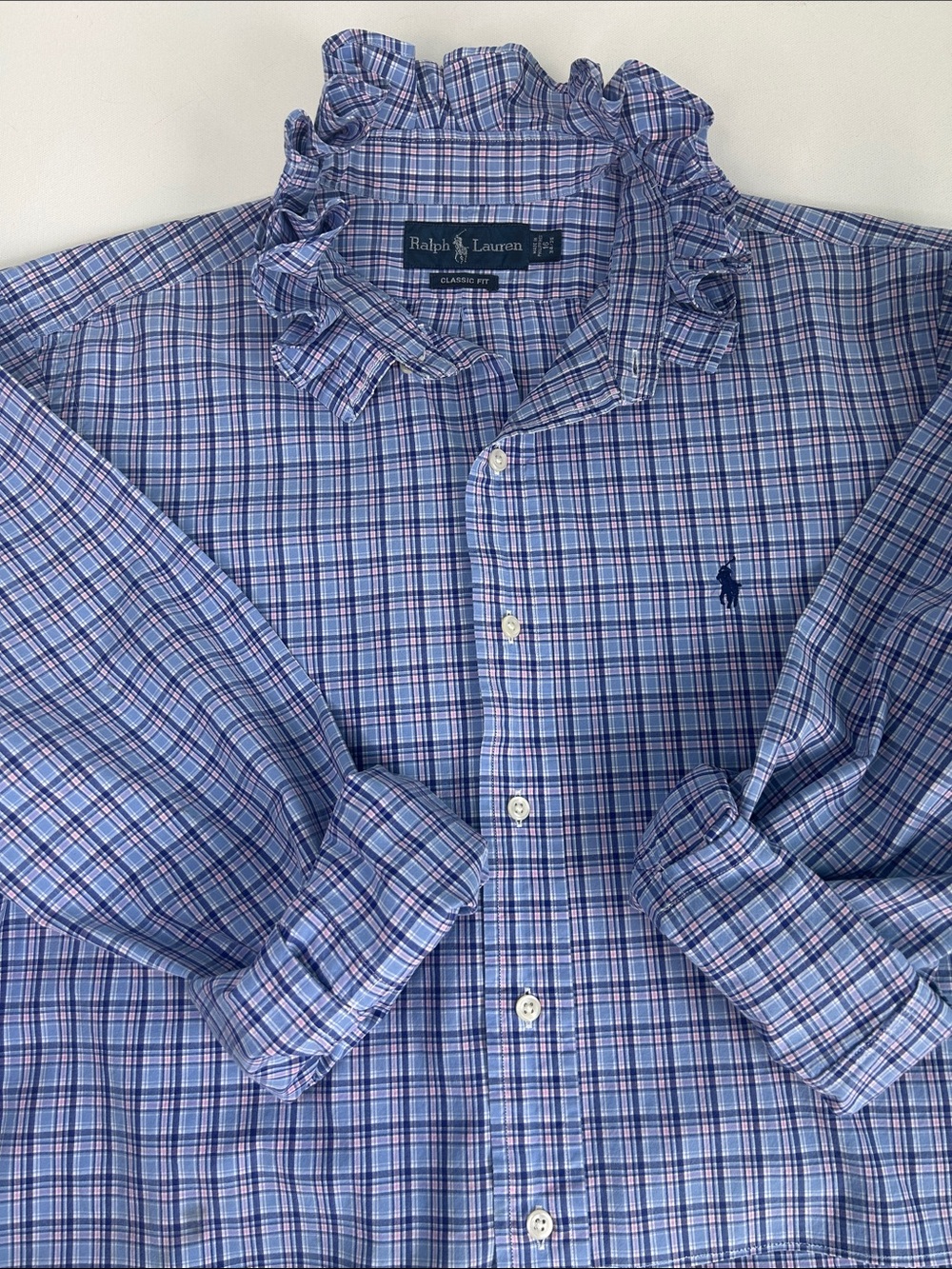 Upcycled Ralph Lauren Women’s Shirt Cropped Blue Pink Plaid with Ruffle Collar - Picture 7 of 12